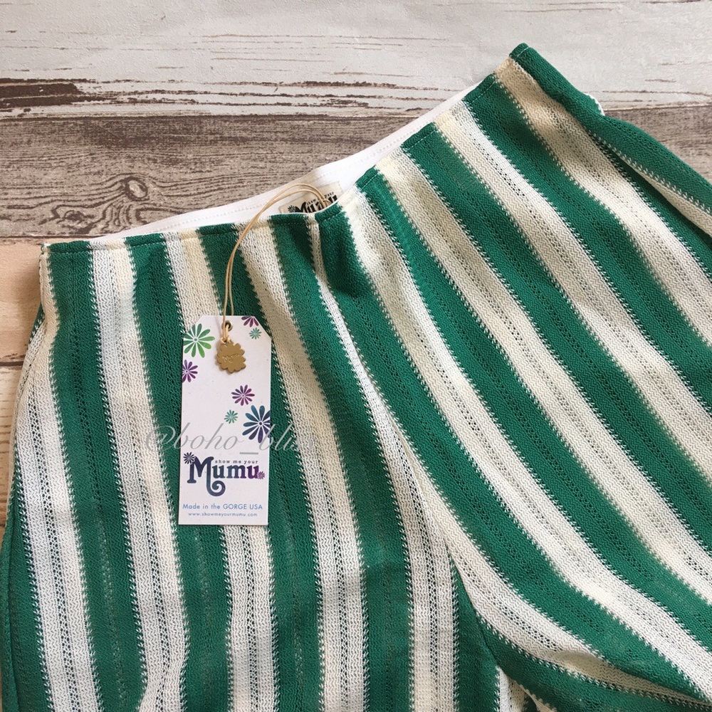 SHOW ME YOUR MUMU | Wide Leg Slit Hem Pants Green & White NWT - Picture 3 of 5